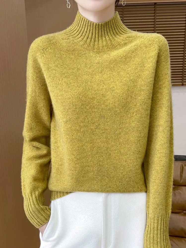 

Pullover Sweater 100% Merino Wool Thick Mock Neck Long Sleeves Comfort Soft Women's Autumn Winter Casual Knitted Clothing Tops