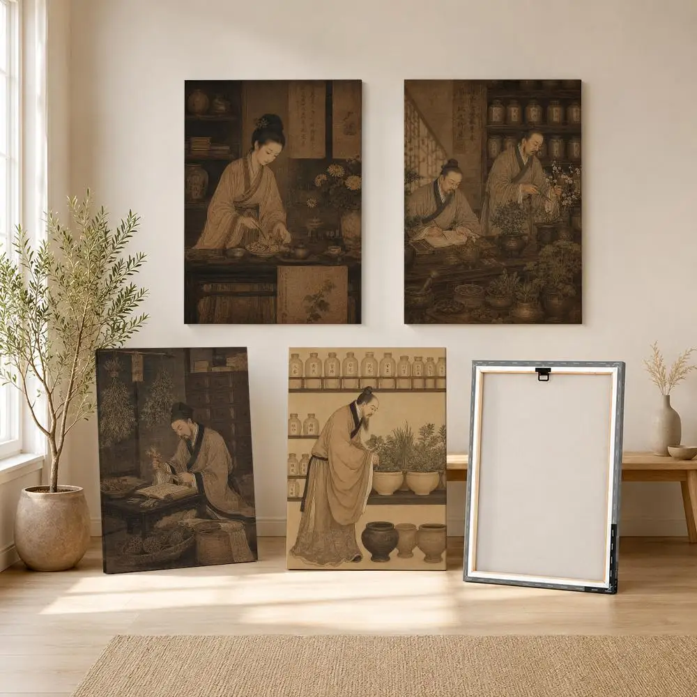 Vintage Chinese Scholar Framed Wall Painting Ready to Hang Canvas Art Poster for Living Room Bedroom Home Decor