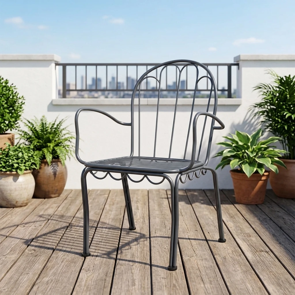 &Modern Charcoal Grey French Style Scalloped Metal Armchair Wavy Back Detail Vertical Slat Seat For Outdoor Patio Cafe