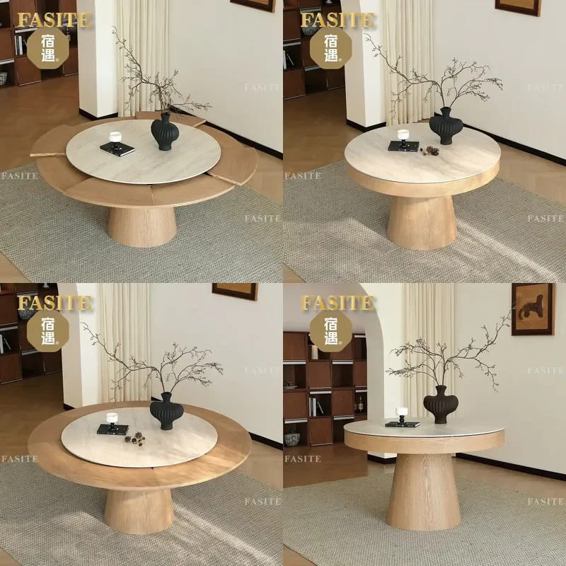 For Small Apartment Round Dining Table Rotating Retractable Log Wind Rock Slab Cream Medieval Solid Wood Deformation