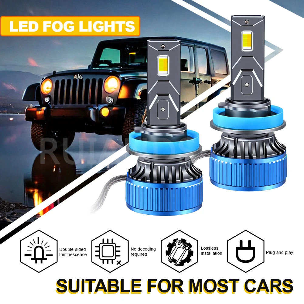 Ruiandsion H11 LED CANBUS Error Free Fog Light Bulbs 4500LM Super Bright 9012 LED 3-Color Switchable with Cooling Fan 2Pcs