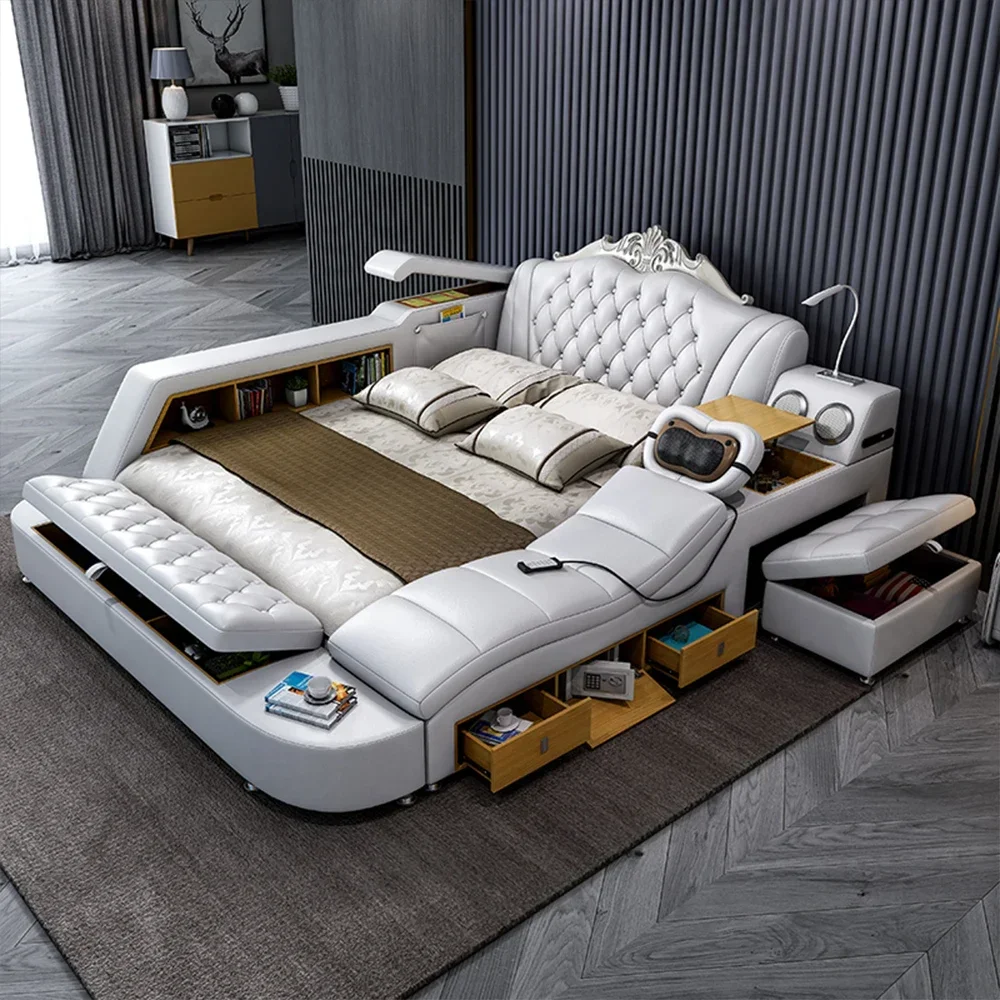 

Ultimate Bed Frame Tech Smart Multifunctional Bed with Genuine Leather, Massage, USB, Bluetooth Speaker, Tatami & Safe