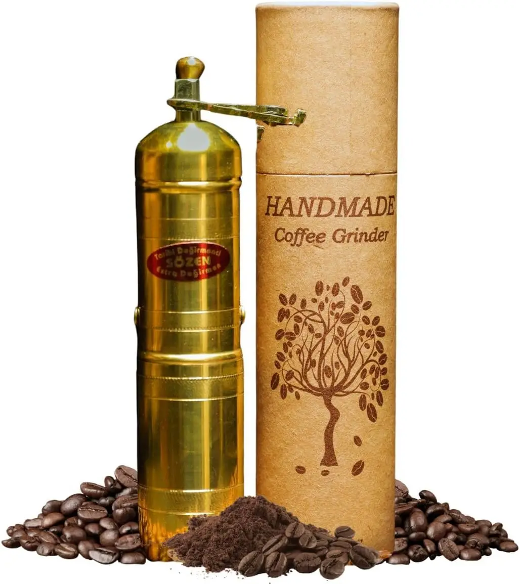 

7" Manual Coffee Grinder in Brass - Adjustable Conical Burr Mill for Turkish, French Press, Espresso, Camping & Home Use