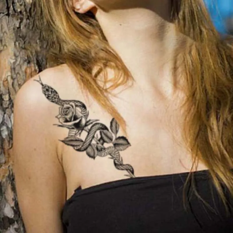 Snake and Rose Waterproof Shoulder and Arm Temporary Tattoo, Long-Lasting, Realistic Fake Tattoo for Men and Women