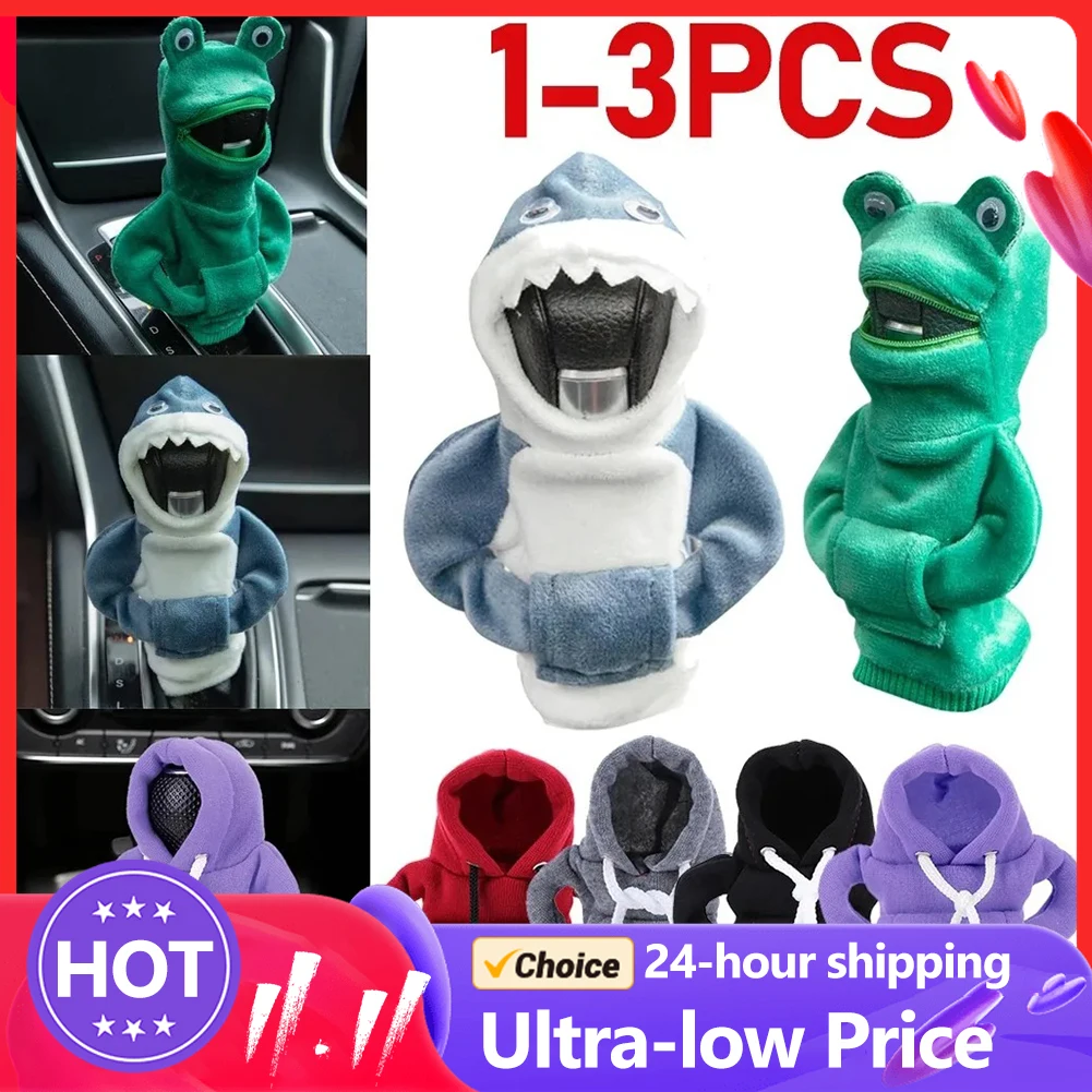 Car Hoodie Handle Cute Shark Frog Hoodie Car Gear shift Knob Cover Short Plush Manual Handle Gear Auto Interior Accessories