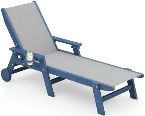 Textilene Patio Chaise Lounge Chair, HDPE Outdoor Lounger | with Rolling Wheels for Pool, Deck, Blue