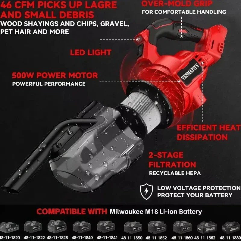 Cordless Handheld Vacuum Cleaner, Brushless Portable Floor Cleaner Power Tools,Fit 18V Battery For Home Car Pet Hair Cleaning