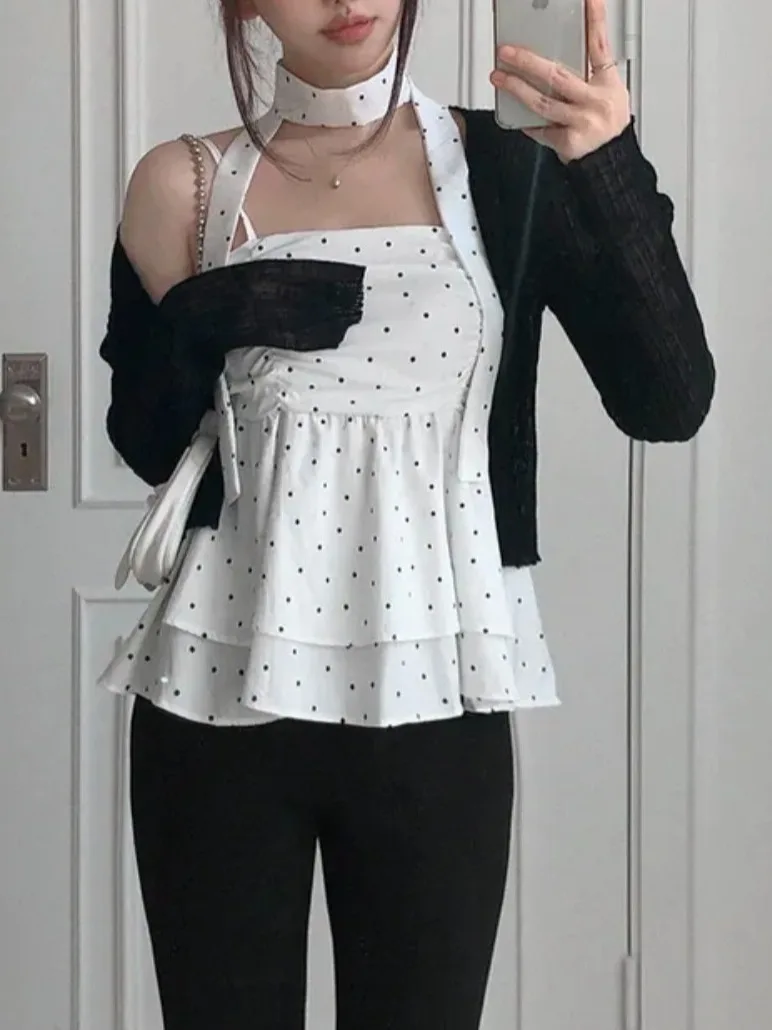 

Korean Sle ter Polka Dot Strap Vest Women's Design Sensation Waist Cinching Ele Chiffon irt Aosphere Inner Wear ...