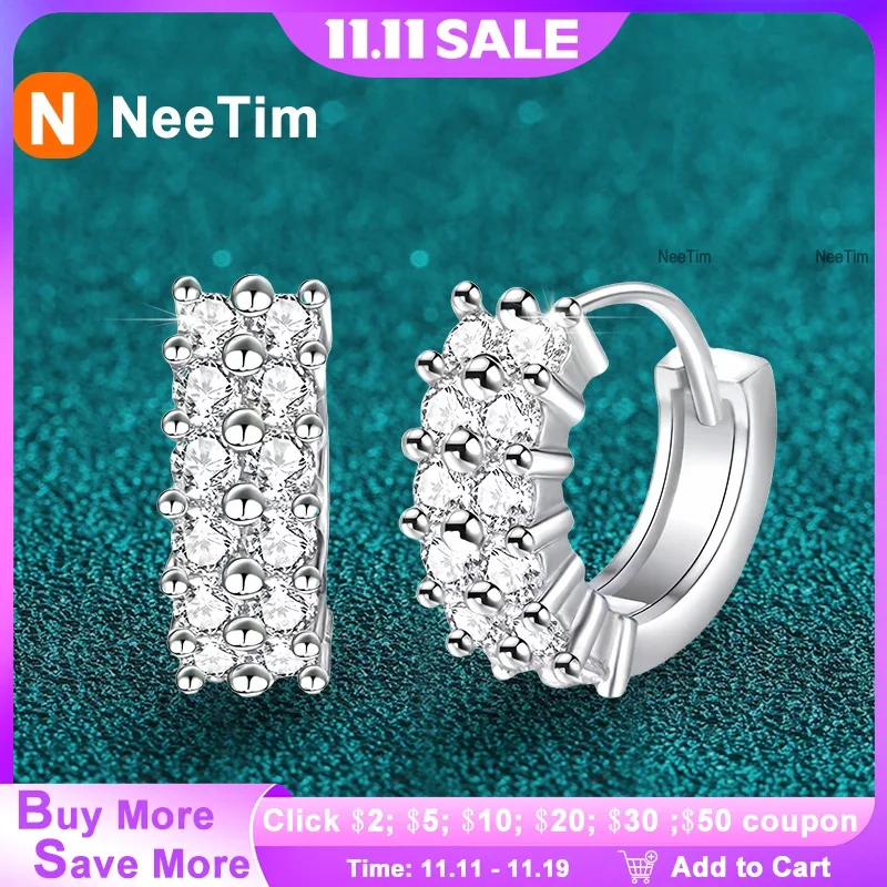 Pendientes NeeTim de moissanita de 2mm para mujer, pendientes de boda de aro chapados en oro blanco de plata de ley S925 de calidad de lujo para fiesta