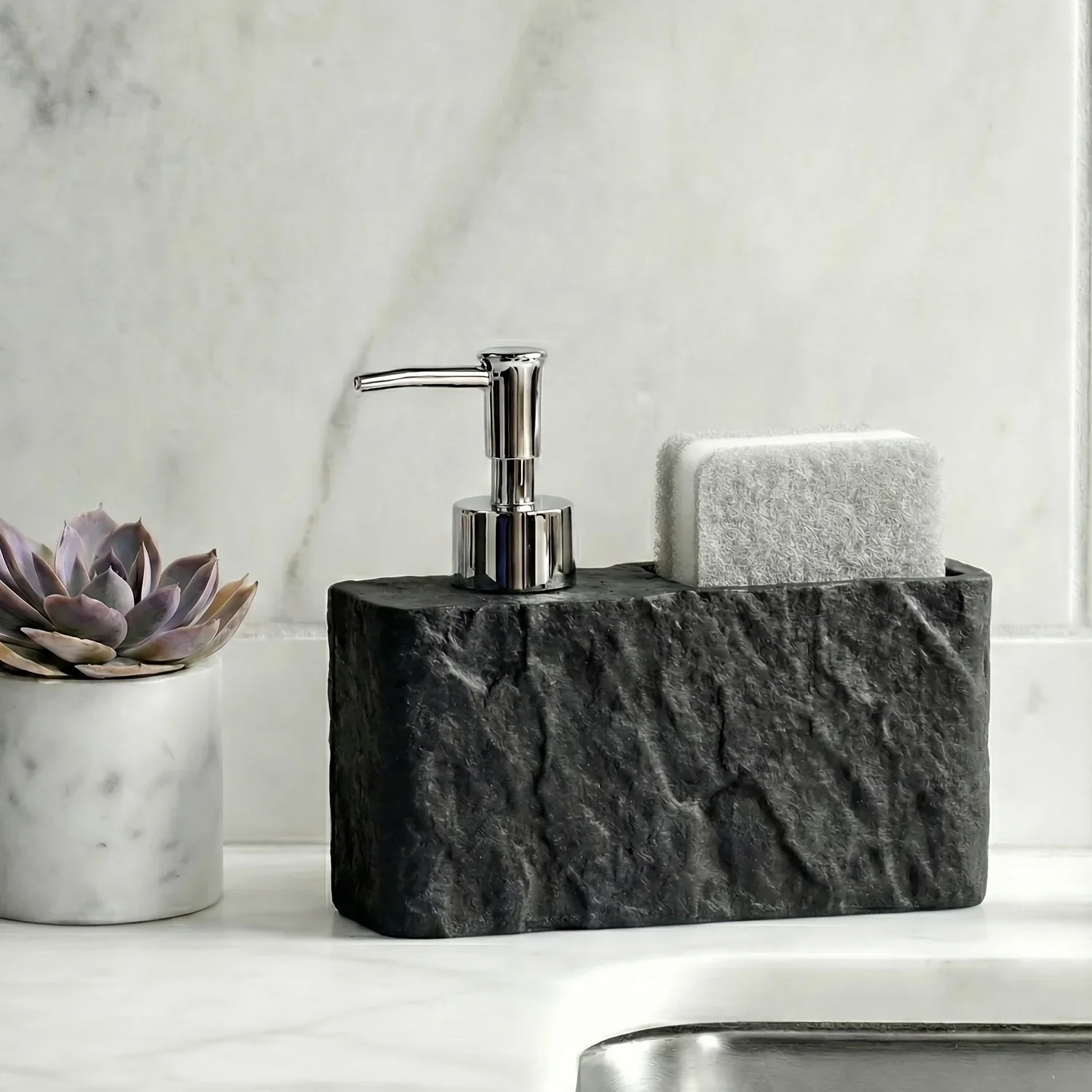 2-in-1 Resin Stone Texture Dish Soap Pump and Sponge Organizer Kitchen Soap Dispenser with Sponge Holder Kitchen Accessories view 6