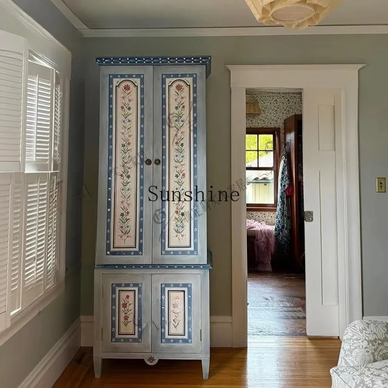 

French retro painted solid wood wardrobe/wabi sand wind bedroom storage engraved storage can be customized