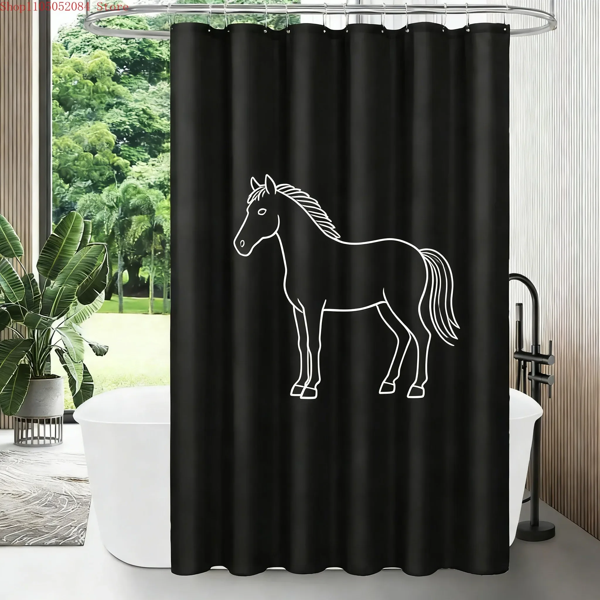 Minimalist White Horse Line Art on Black Waterproof Shower Curtain
