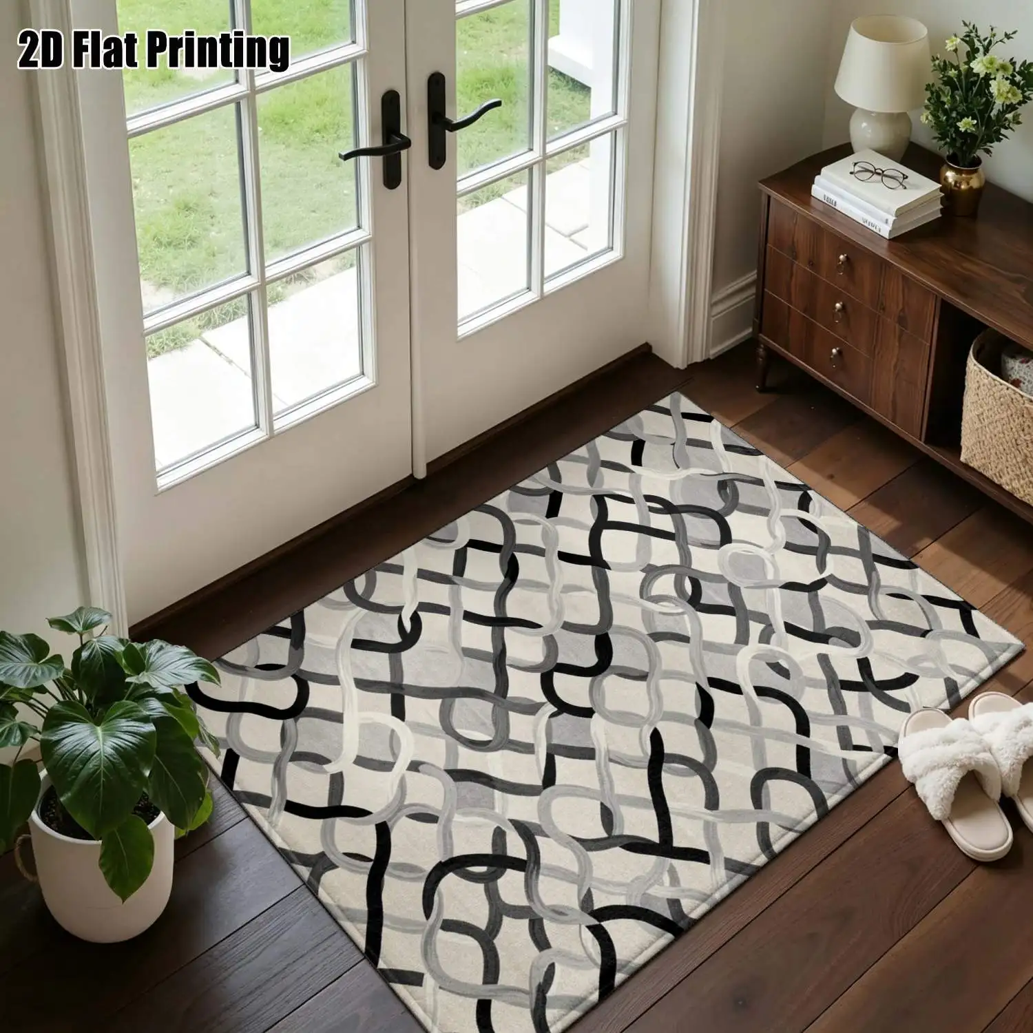 1Pc 2D Printed Nordic/European Style Geometric Curve Carpet, Modern Minimalist Floor Mat, Instagram-Style, Washable, Multi-Size, for Entrance, Dining, Foyer, Living Room, Bedroom Home Decor