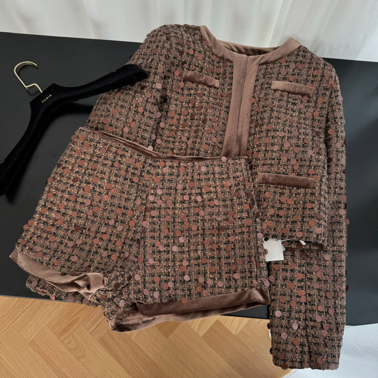 Autumn pink Shorts Tweed Two Piece Suits Women Korean Fashion Luxury Long Sleeve Sequined Jacket+Shorts 2 Pcs Matching Sets chic