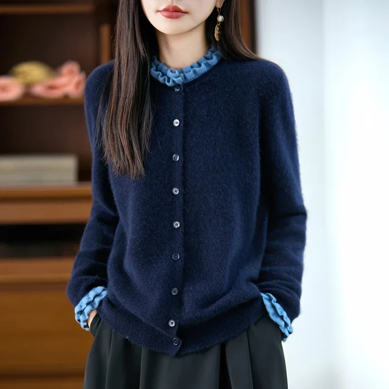 

Autumn Winter New 100% Merino Wool Women Cardigan Ruffled Collar Long Sleeved Soft Warm Knit Fashion Lady Jumper Top