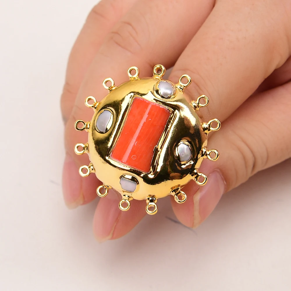 GG 38mm Big Natural Orange Coral White Keshi Pearl Gold Color Plated Sun Flower Rings Adjustable Lady Jewelry Gifts