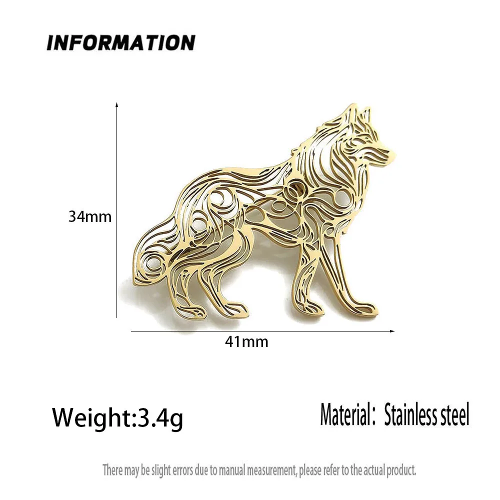 316L Stainless Steel Plated 18K Gold Scroll Wolf Hollow Brooch Lapel Pin Animal Totem Suit Backpack Unisex Metal Jewelry Gift
