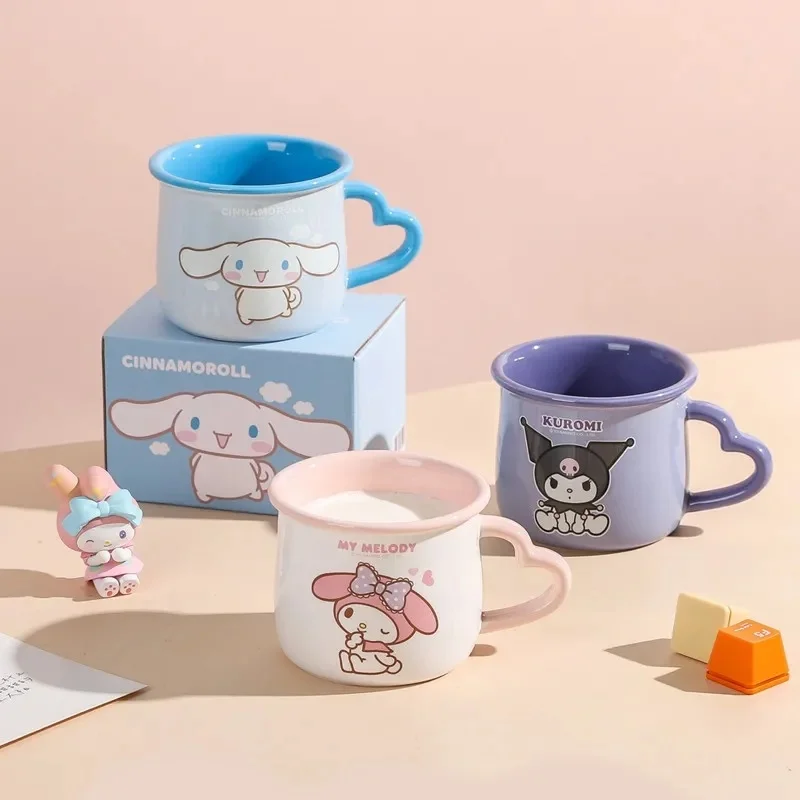 Sanrio família série caneca cerâmica, Kuromi, canela, minha melodia, café da manhã, leite, fofo, desenhos animados, artesanato, caneca escala, presente para meninas