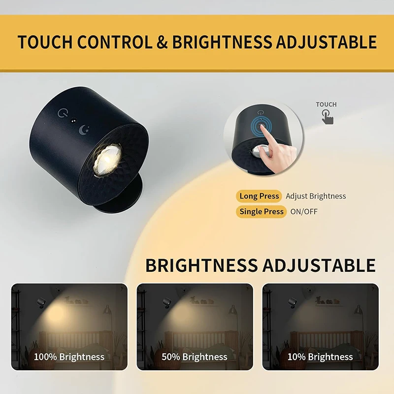 Led Double Head Wall Lamp Touch Control Remote 360 Rotatable USB Recharge Wireless Portable Night Light For Bedroom Reading Lamp