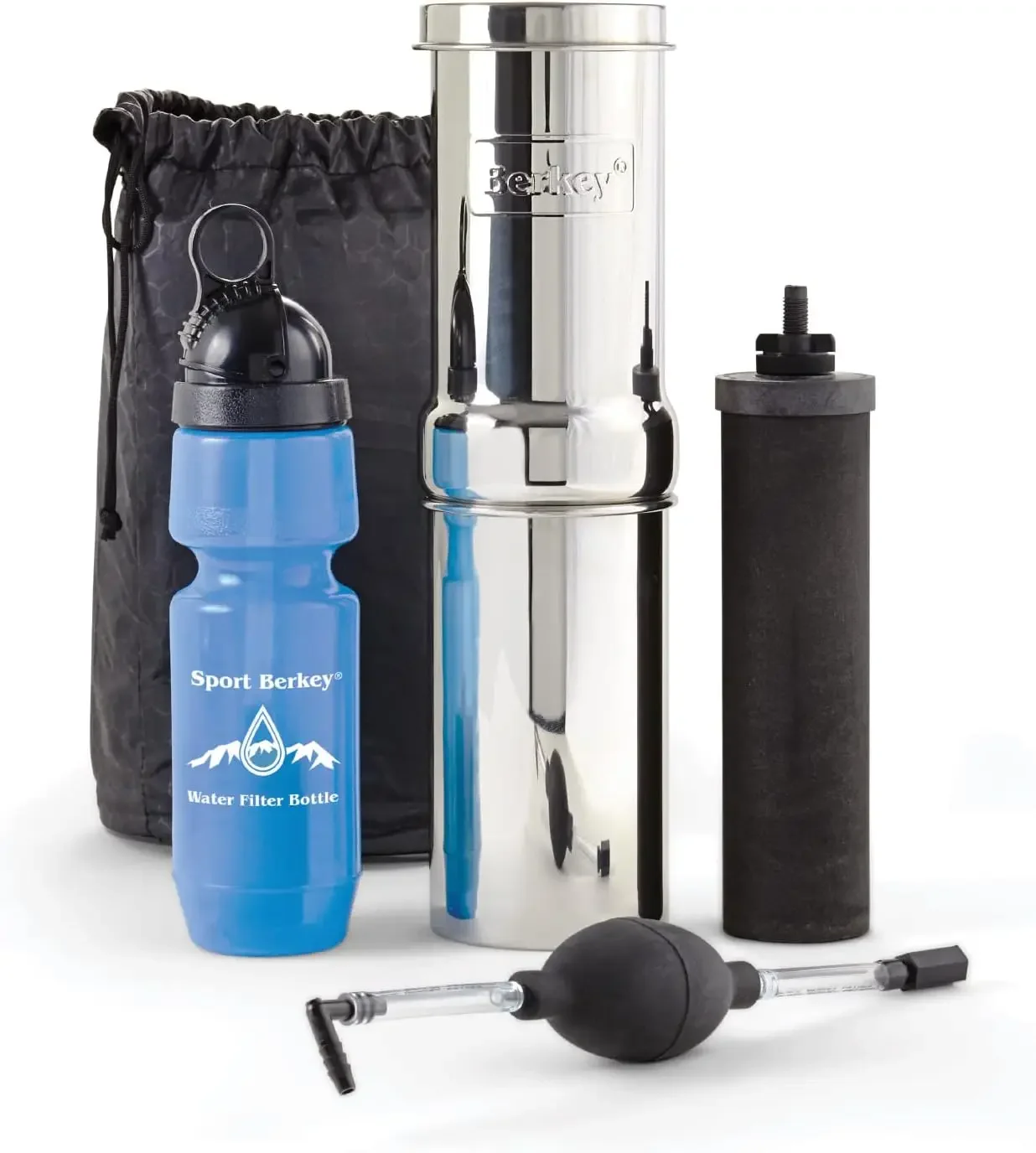 Water Filter Kit with 1 Qt. Berkey Gravity Fed Water Filter System, Sport Bottle and Black  Primer