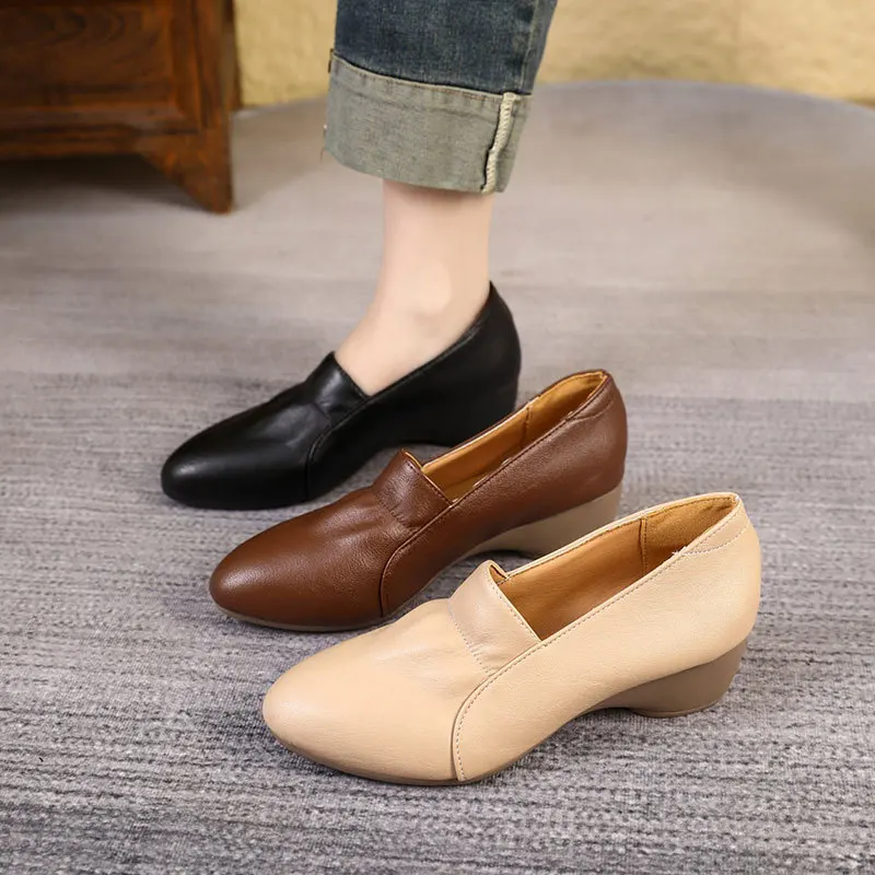 

Soft Leather Wedge Heel Single Shoes Spring Autumn Pointed Toe Medium Heel Work Shoes Easy To Wear Women's Footwear Casual Style