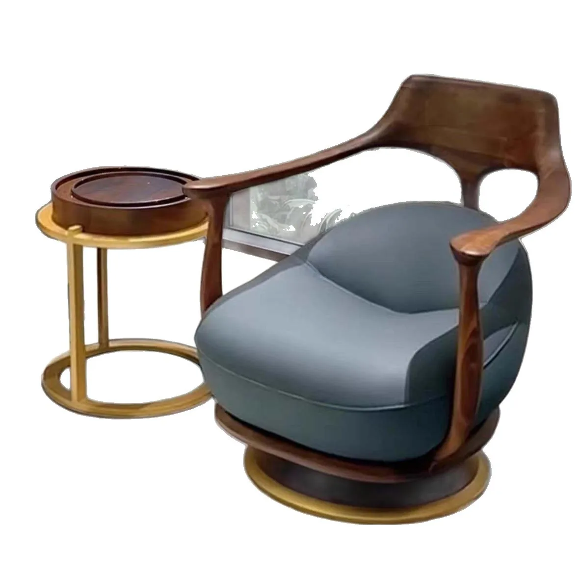 

#Song Style Aesthetic Leisure Chair Fabric High-end Rotating Designer Stainless Steel Solid Wood Yuanbao Chair Living Room Model