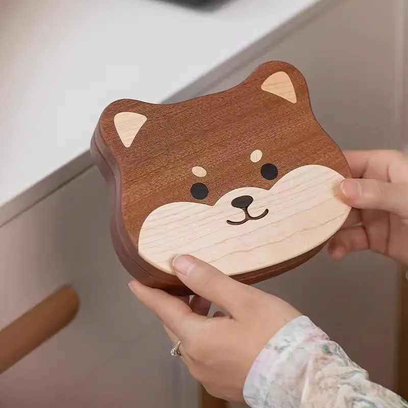 ポータブルミニチュア柴犬ゴールドジュエリーボックス本物の木製収納オーガナイザーかわいい漫画スタイル手作り木製ボックス寝室用