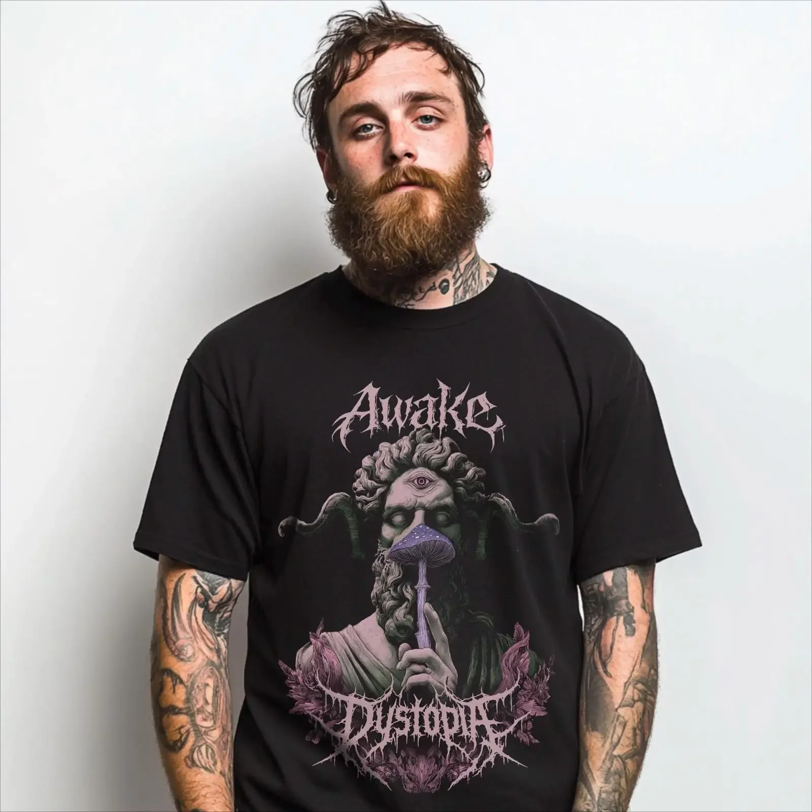 Awake Dystopia Skull Mushroom Statue T Shirt Metalcore Goth Streetwear vintage Washed Versatile homme Slightly Unisex