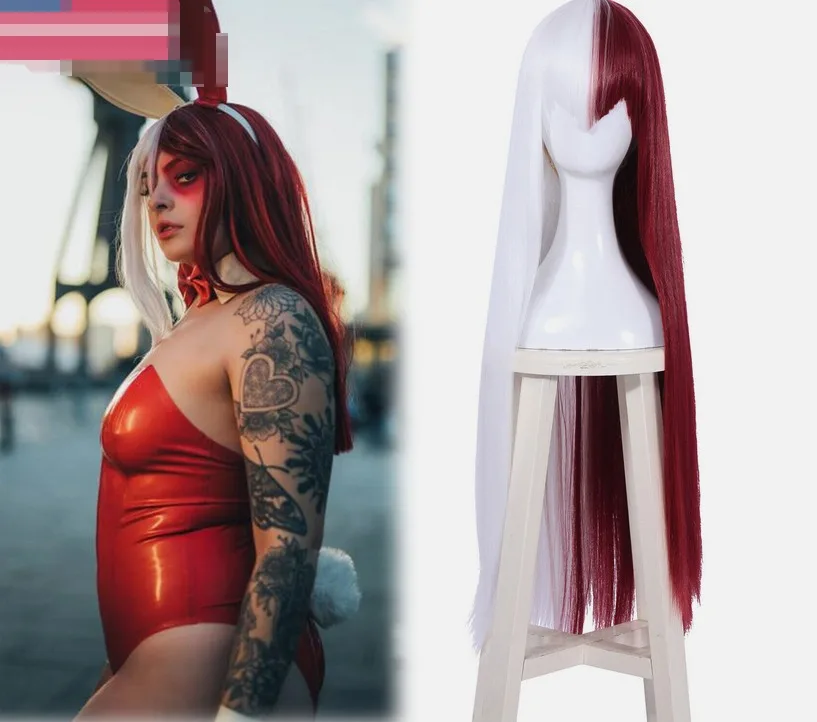 Todoroki Shoto Genderbend Косплей Парики 80 см Длинные Белые Смешанные Красные Волосы