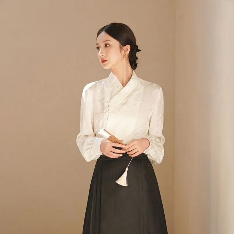 Women Autumn Chinese Style Elegant White Long Sleeve Shirts Women Clothes Solid Color All-match Temperament Skirt Two Piece Set