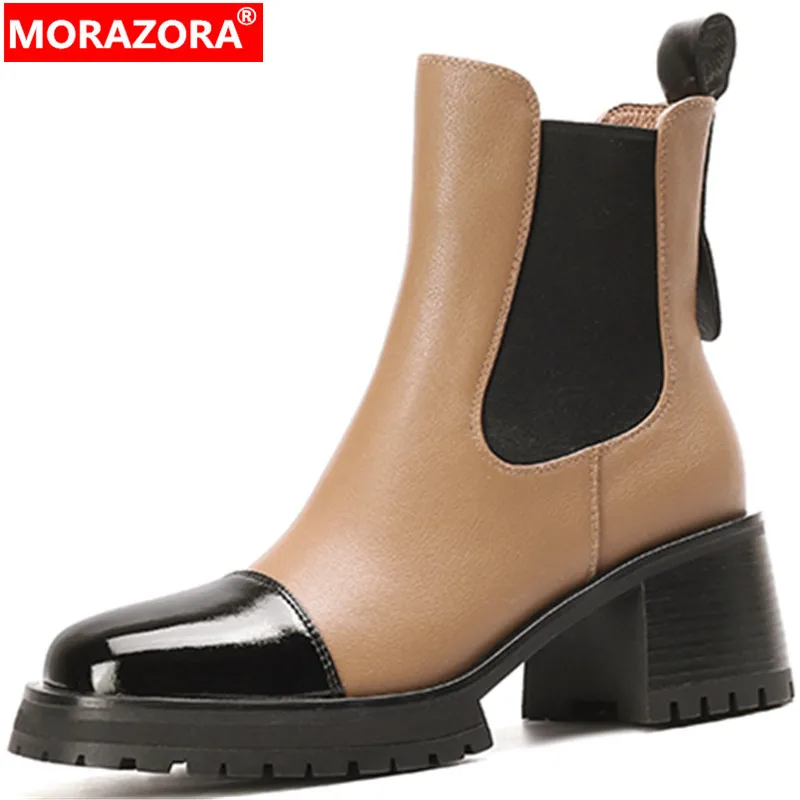 

MORAZORA 2022 New Mixed Colors Thick Med Heels Platform Shoes Genuine Leather Winter Women Boots Popular Chelsea Ankle Boots