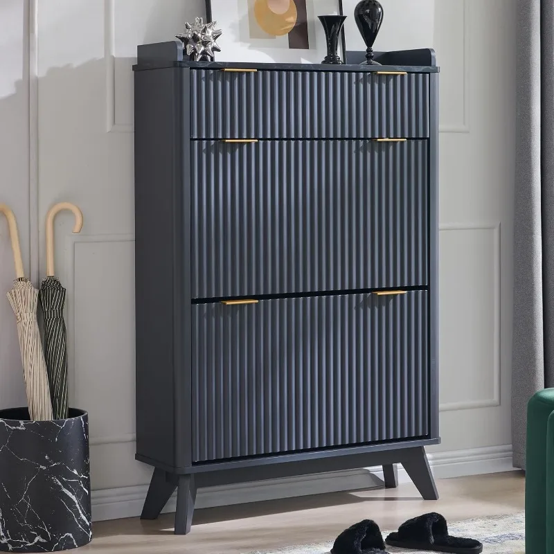 

Fluted Shoe Storage Cabinet with 2 Flip Drawers & Top Drawer, 48" Tall Narrow Shoe Organizer, Curved Profile Design, Woo