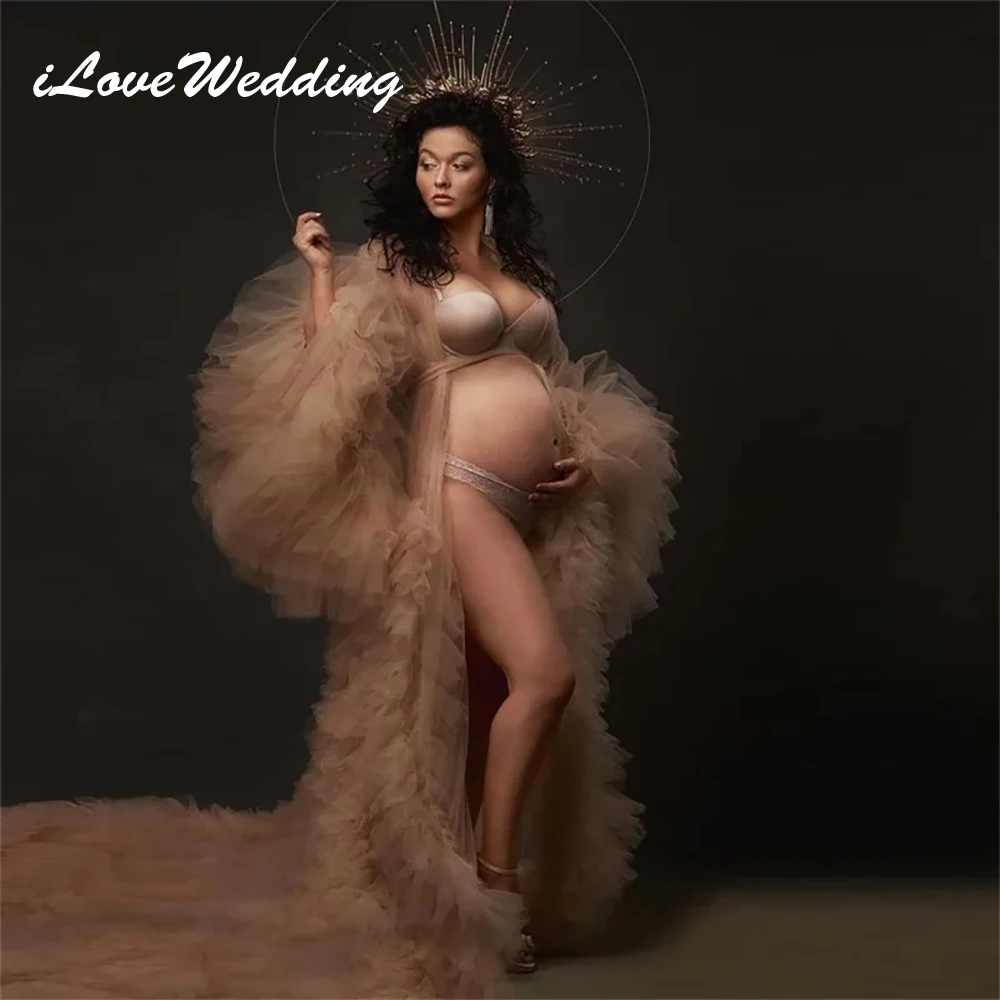 

IloveWedding Champagne See Thru Maternity Robe Photography Full Sleeves Long Ruffles Evening Dresses Tulle Pregnant Women Dress