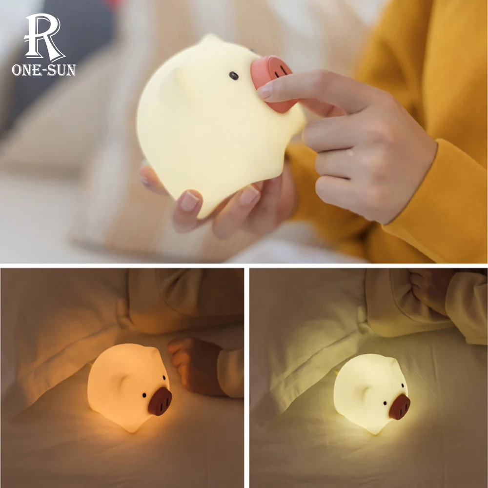 Cartoon Pig Silicone Light Rechargeable LED Nightlight 2-Color Ambience Lamp Home Bedroom Decorate Holiday Gifts for Children