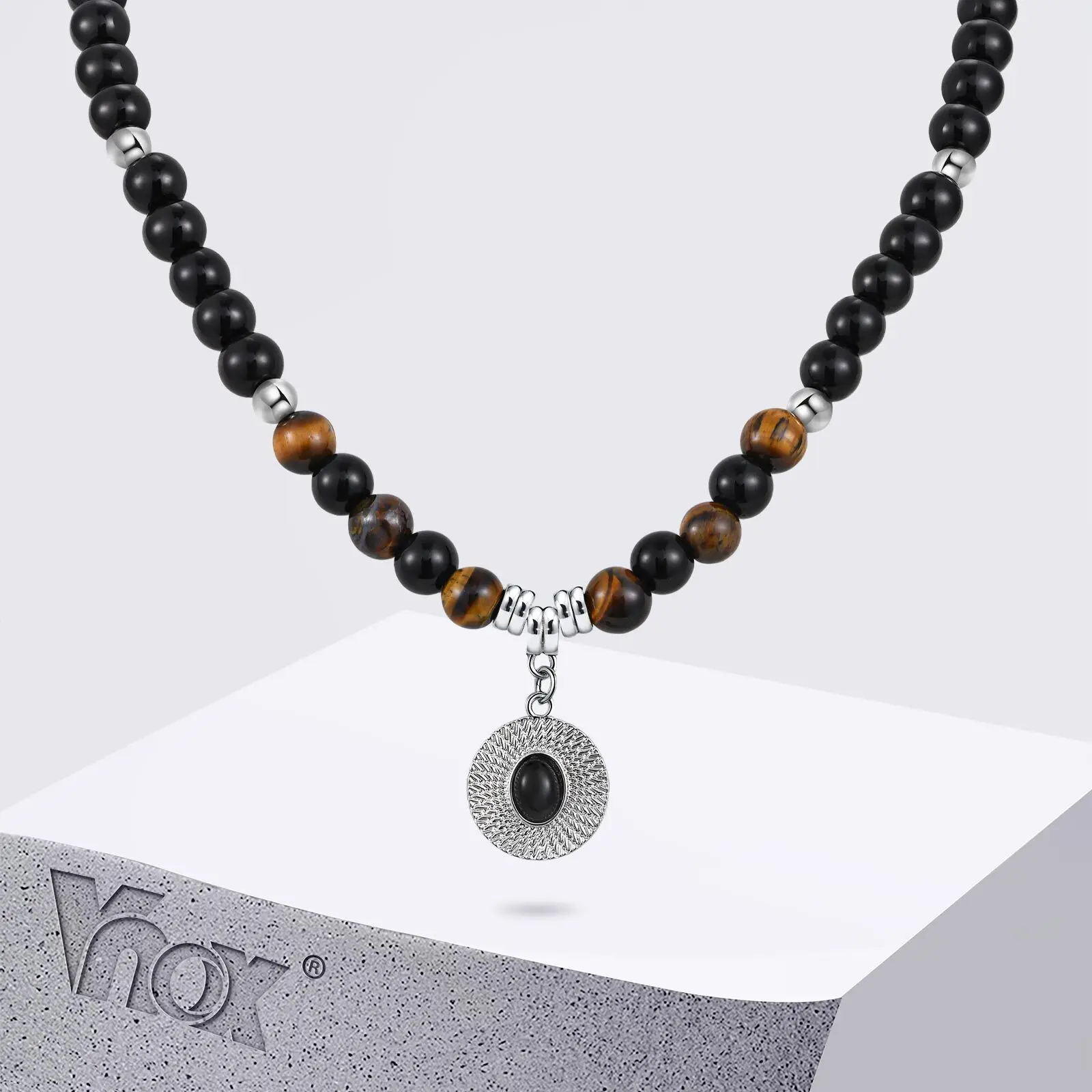 

Vnox Black Agate Tiger Eye Stone Bead Necklace for Men, Stainless Steel Chain Alloy Pendant Adjustable Beaded Collar Chokers New
