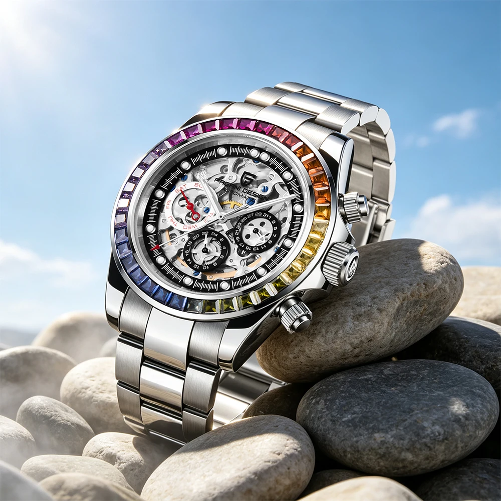 New PAGANI 1653 DESIGN Fashion Rainbow Bezel Men Mechanical Wristwatch Luxury Sapphire Glass Hollow Out Automatic Watch for Men