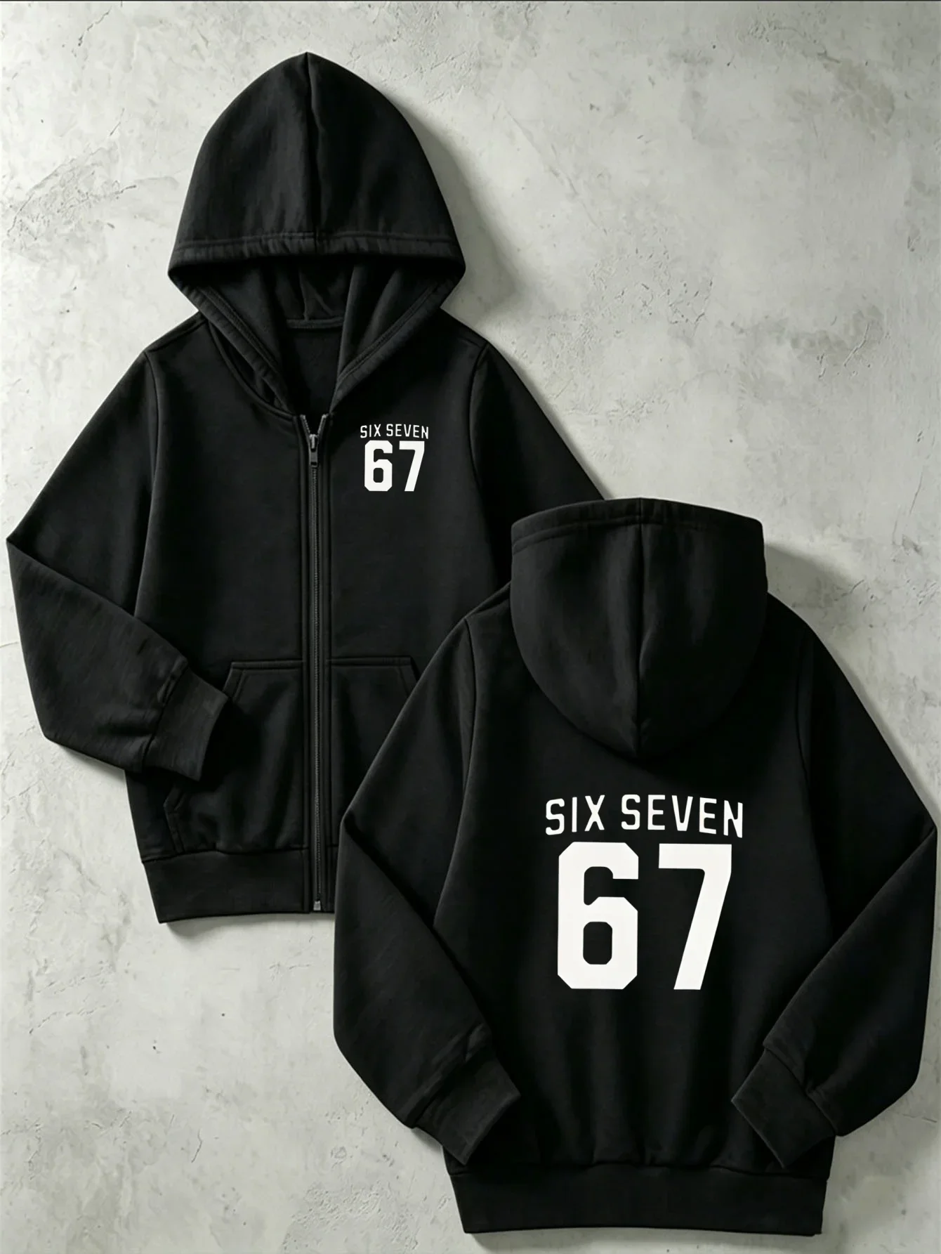 Light Gray Zip Hoodie Chest Small White Six Seven 67 Number Print Back Large Minimalist Number Letter Graphic Kids Casual Jacket