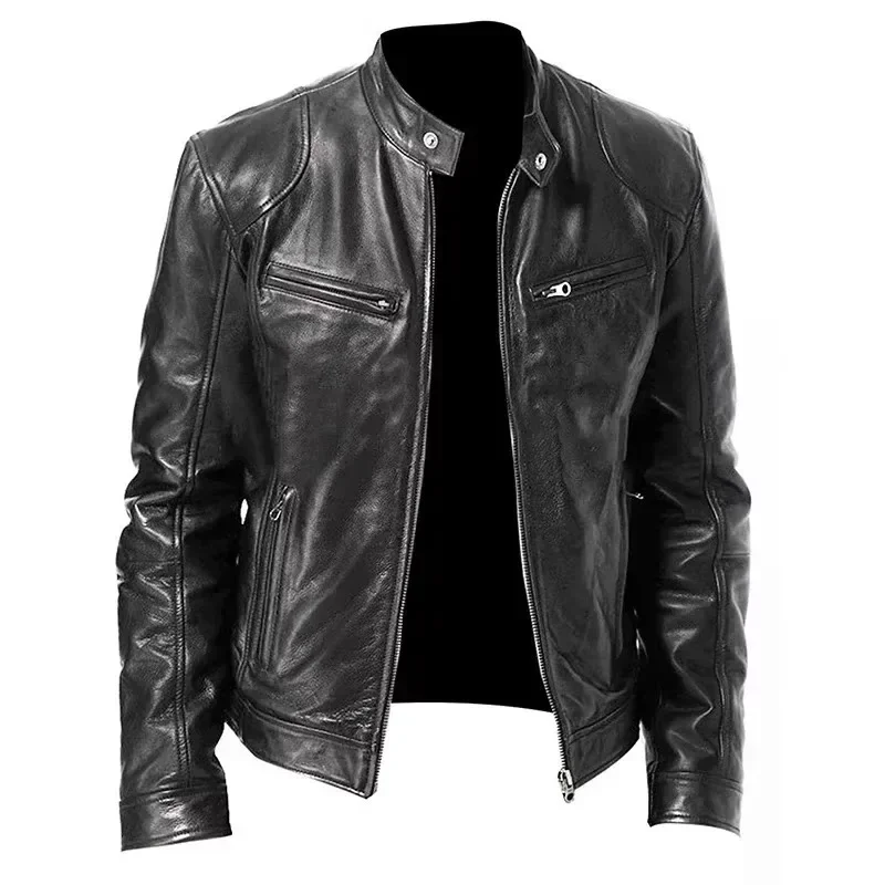 Men's Stand-up Collar Jacket Autumn and Winter Men's Leather Jacket Zip Biker Leather Jacket Leisure Slim Leather Jacket