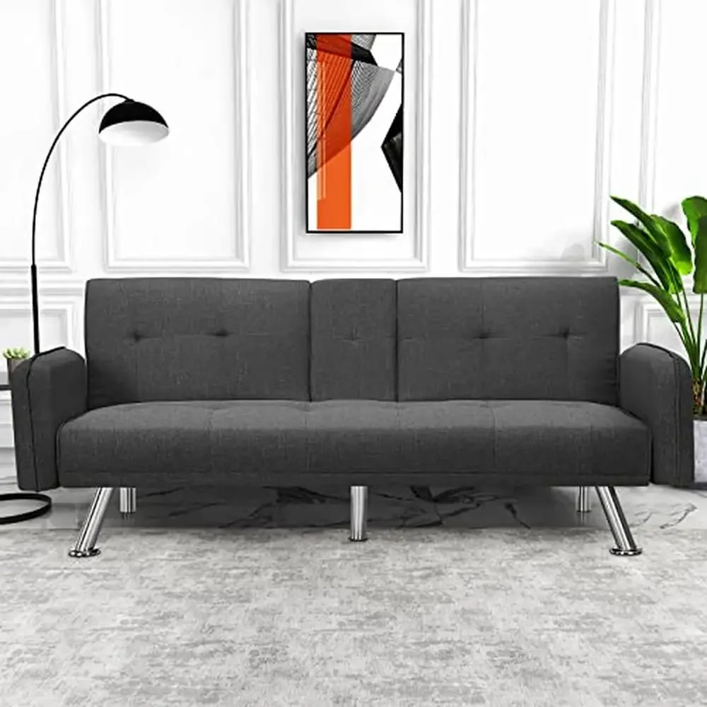 Rozkładana sofa Futon z 2 uchwytami na kubki Podłokietnik Studio Mieszkanie Pokój dzienny Ciemnoszary 74,8 "D x 30,3" szer. x 30,7" wys.