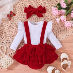 Baby Girl Christmas Outfits Ribbed Knit Romper Suspender Bodysuit Dress Headband Sets 3pcs Clothes Red Velvet Sets For Baby