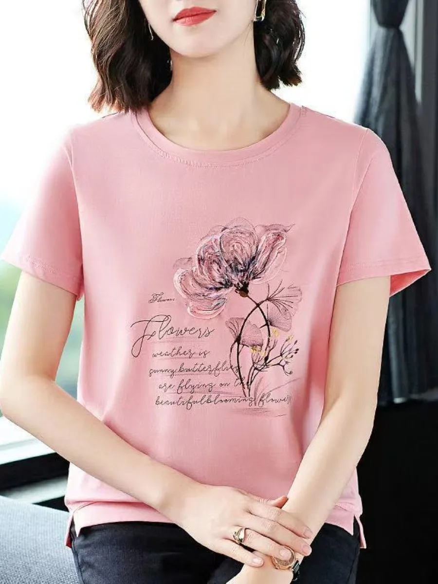 loose-short-sleeve-round-neck-t-shirt-for-middle-aged-mothers-summer-new-style-women's-clothing-plus-size-ladies-top-earring