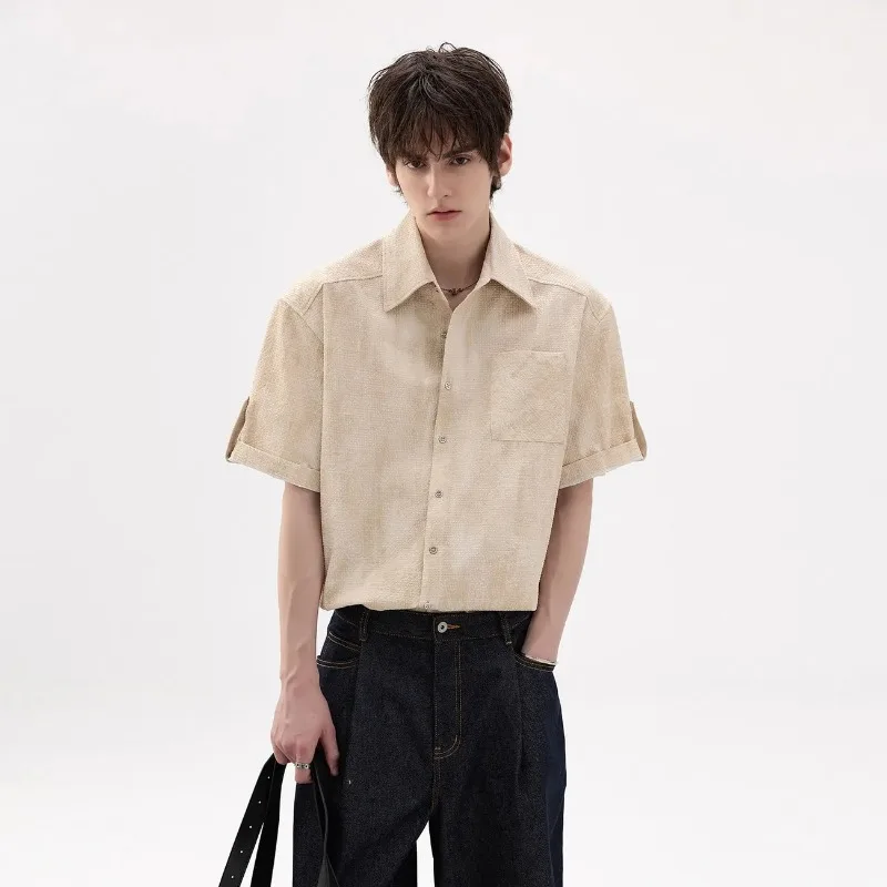

Men's Japanese Style Short Sleeve Shirt New Solid Color Casual Loose Blouse