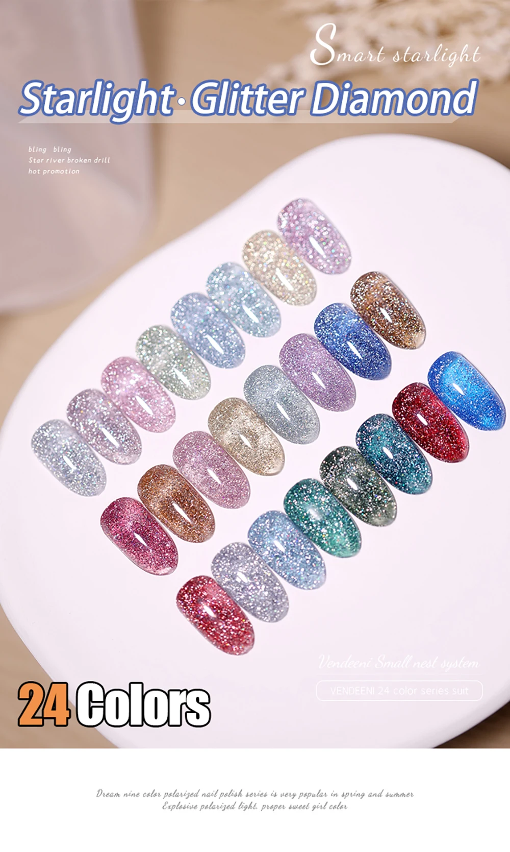 Vendeeni TPO HEMA FREE 24 Farben/Set Glitzer-Broken-Diamond-Gel-Nagellack Semi-Permanenter UV-Soak-Off-Gel-Lack mit Display – Detail 1