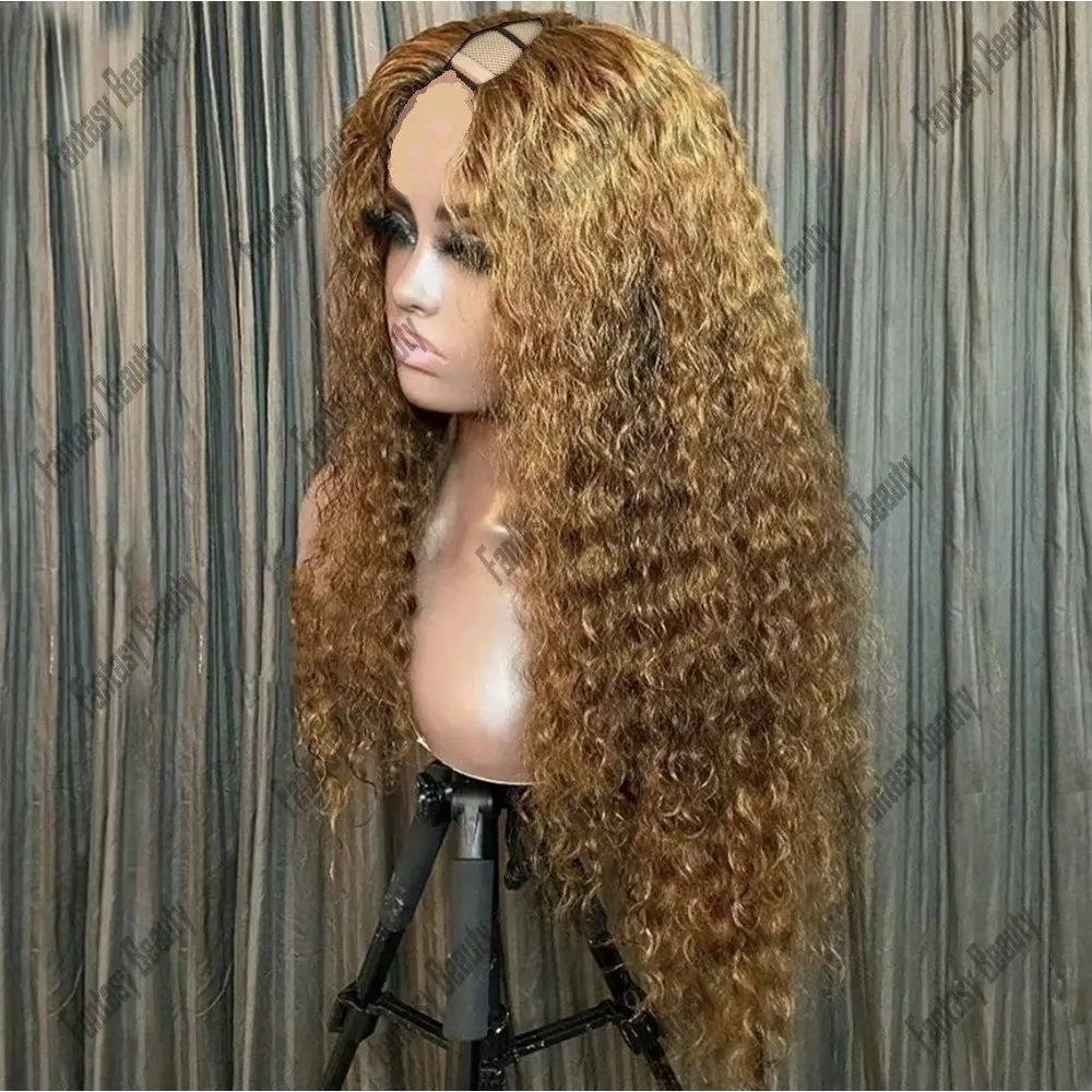 180 Density Kinky Curly Honey Blonde 100% Human Hair Machine Made Highlight Color U Part Wig Women Easy Install V Part Wig Clip