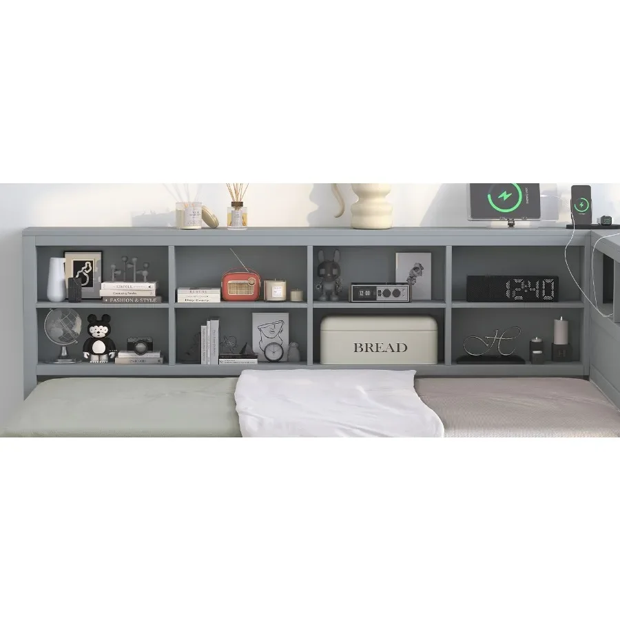 سرير نهاري خشبي كامل الحجم مع سرير نهاري مزدوج الحجم مع رف تخزين ومنفذ شحن USB باللون الرمادي