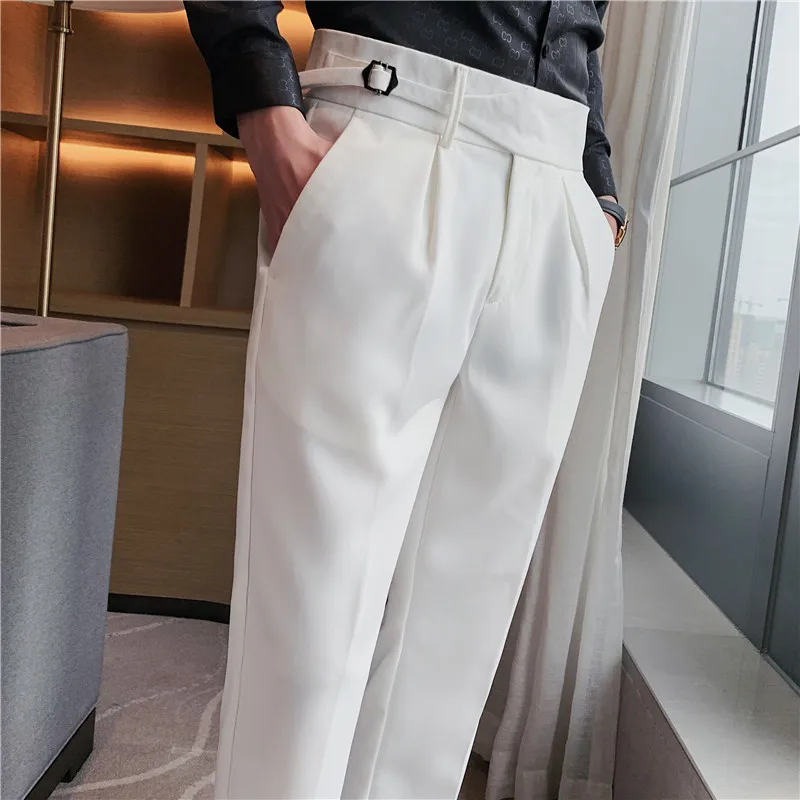 Pantalones de vestir informales de cintura alta para hombres, traje Social de oficina de alta calidad, pantalones de fiesta de novio de boda de moda