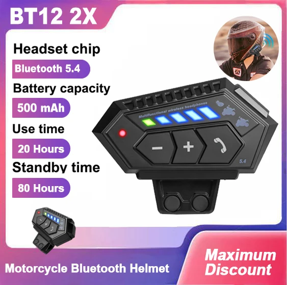 

1/2 шт. BT12-2x Мотоциклетная гарнитура для шлема, 500 мАч, стерео, Bluetooth 5.4, беспроводная гарнитура Hands-Free, музыкальный плеер, шумоподавление
