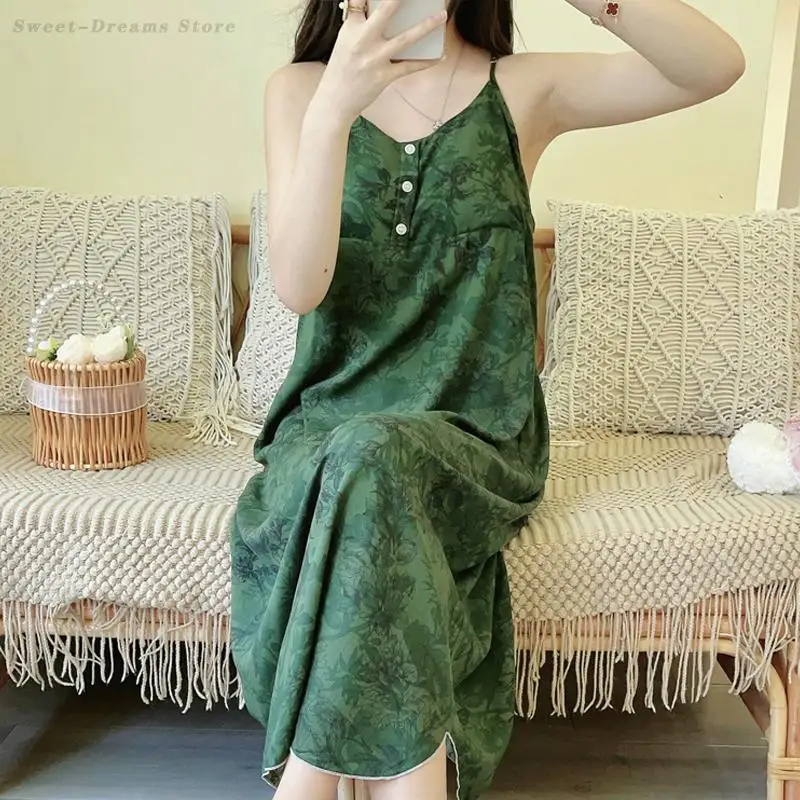 

Green Spaghetti Strap Nightgown Sexy Female Long Nightdress Chemise Sleepwear Ladies Intimate Lingerie Print Flower Homewear