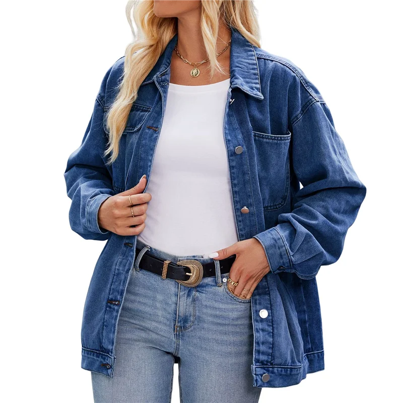 ABRT-Women Casual Long Sleeve Lapel Button Outerwear Loose Boyfriend Style Jacket Fashion Denim Jacket