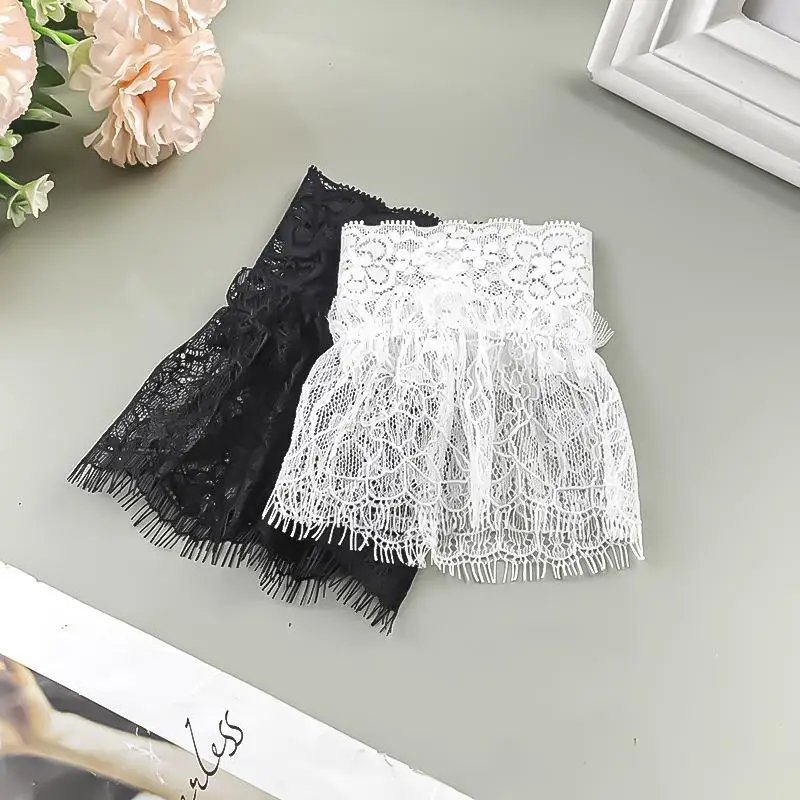 Lace Fake Arm Sleeves With Short Tassels White Black Pleated Wrist Decor Cuff For Women Embellishments Accessories Shooting Prop